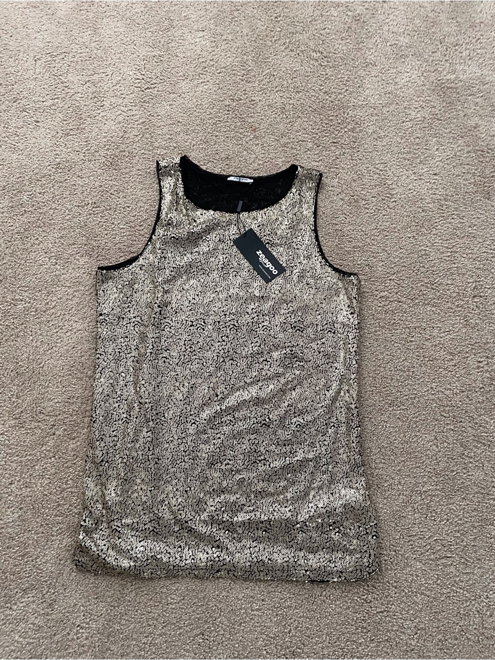 zeagoo Gold Sequin Sleeveless Tank with Black Trim